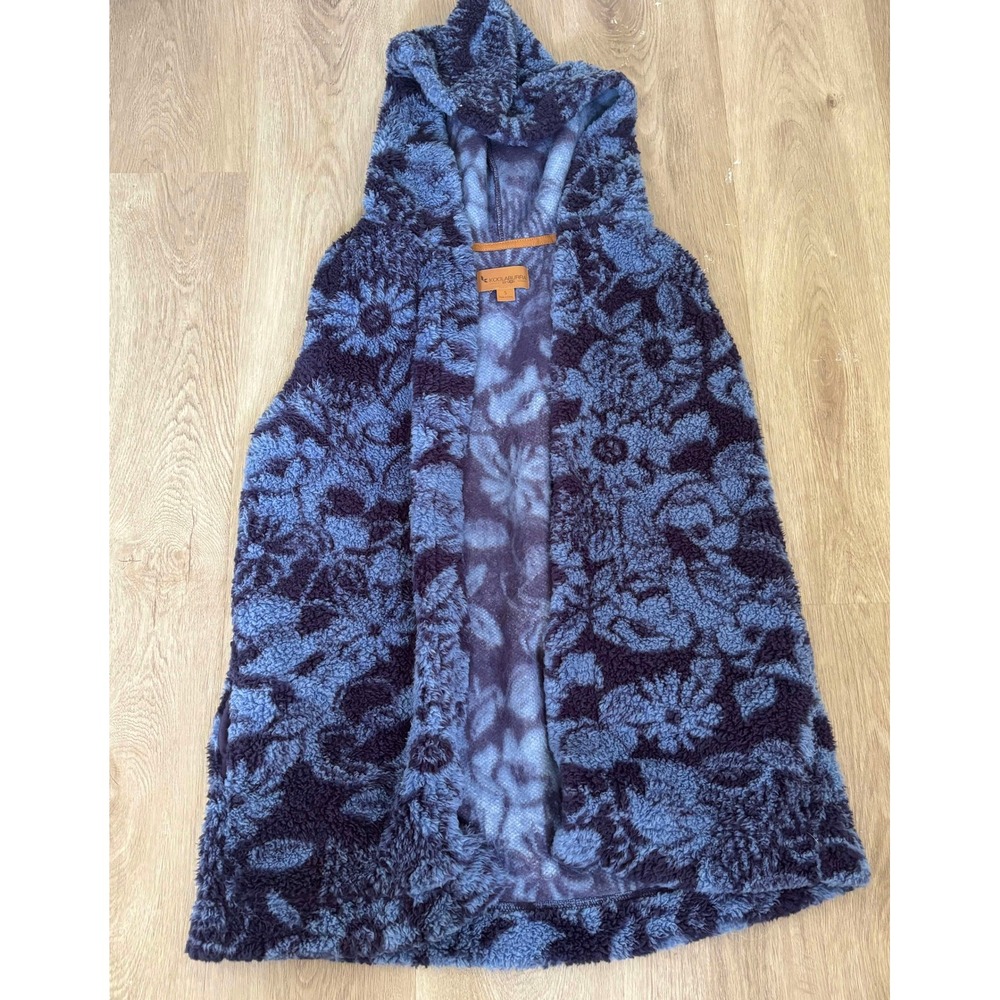 Koolaburra by UGG Blue Floral Sherpa Fleece Hooded Vest Small Open Front Cozy